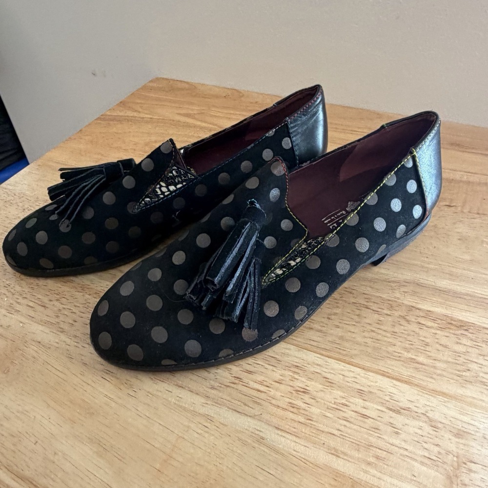 L'Artiste Spring Step Klasik Black Loafers White Polka Dot Tassel Size 37 (6.5)